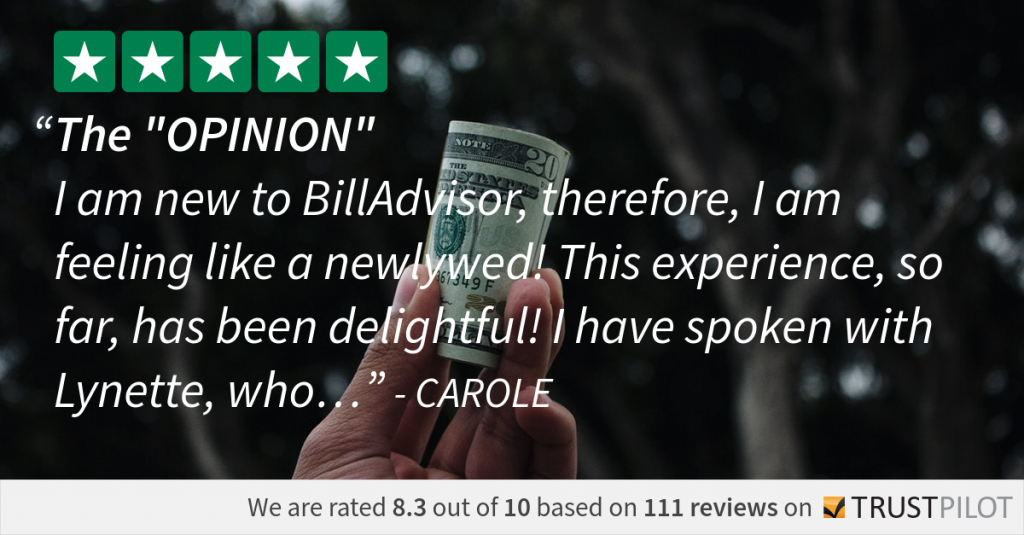 Carole's Trustpilot description of bill negotiation service, BillAdvisor in daily review 9-22-17